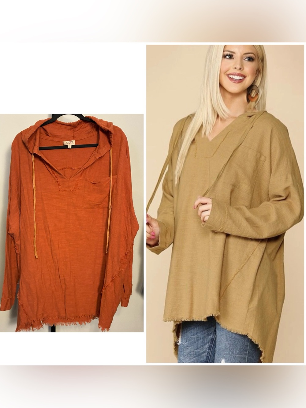 Gigio 1XL Boho Hooded V-Neck Pullover Top - 100% Cotton Rust Orange